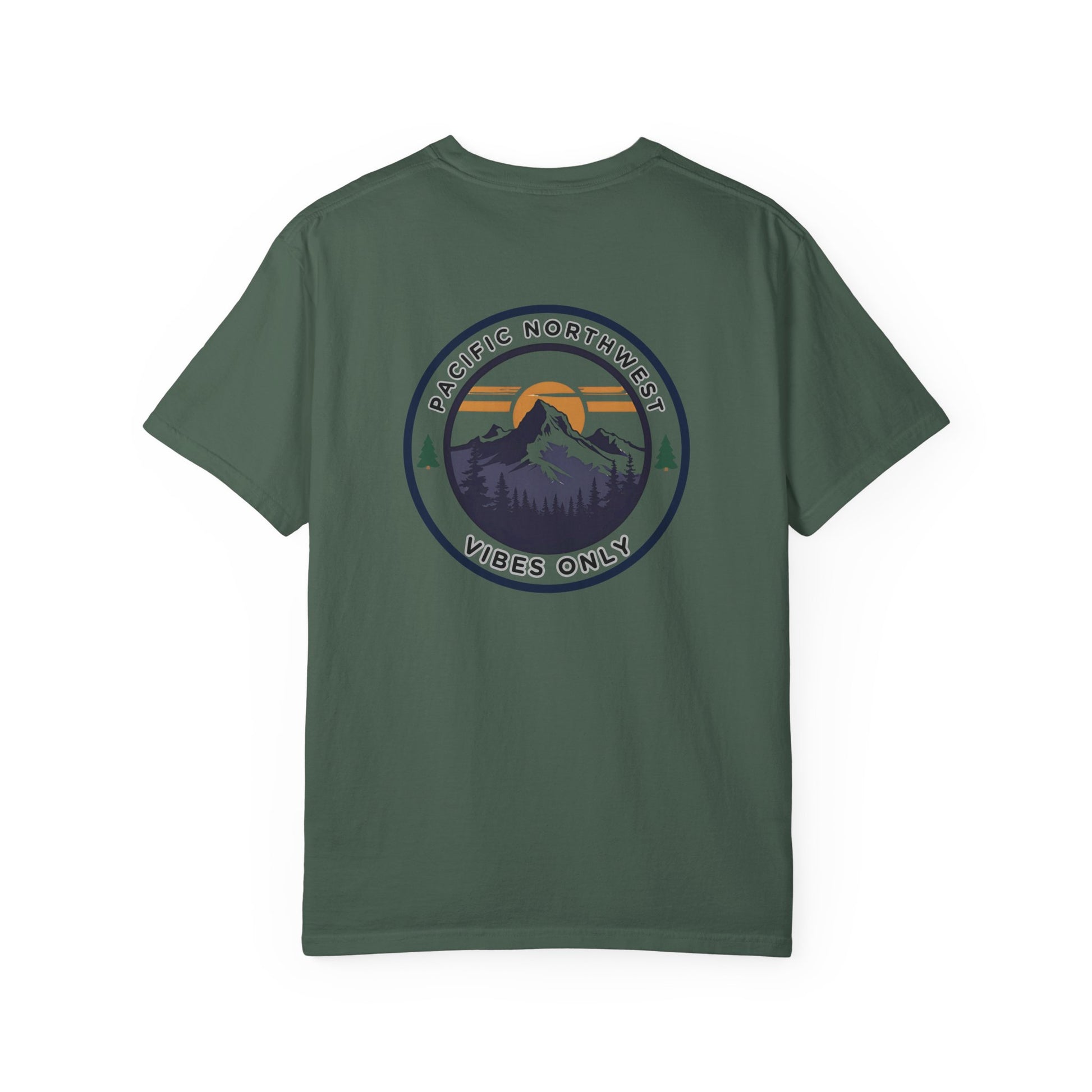 PNW Vibes Only Tee – Circle Badge Mountain Sunset Shirt