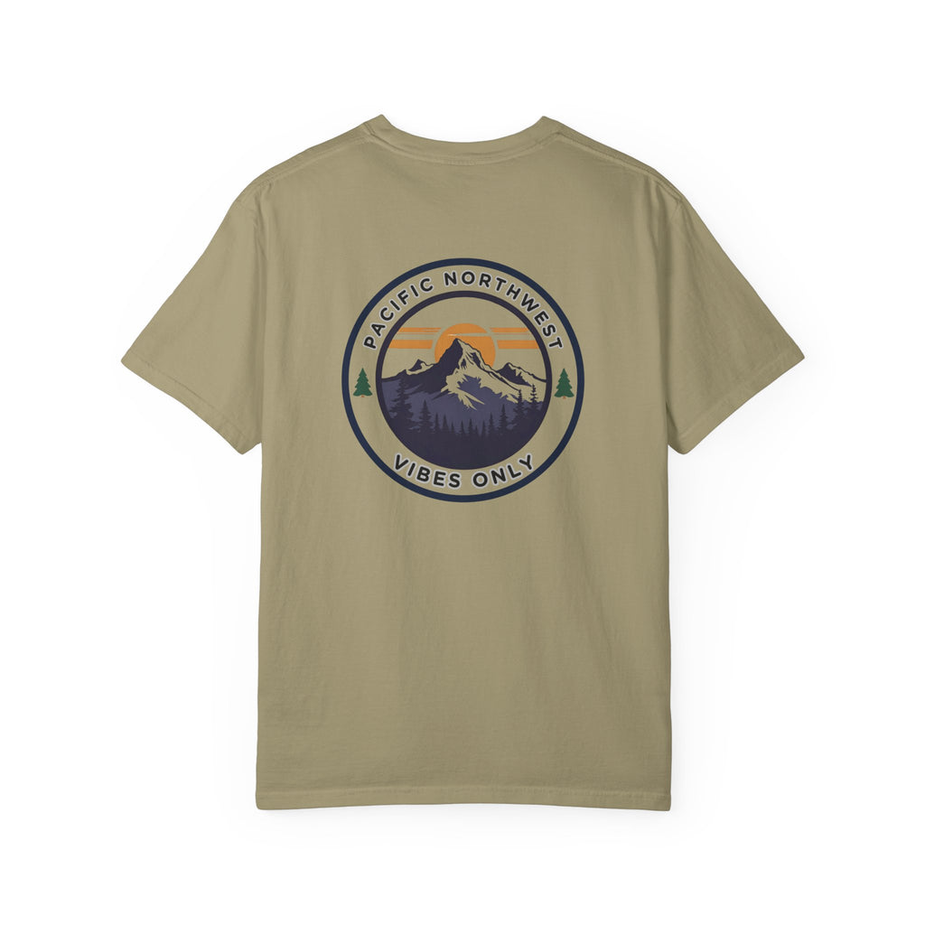 PNW Vibes Only Tee – Circle Badge Mountain Sunset Shirt