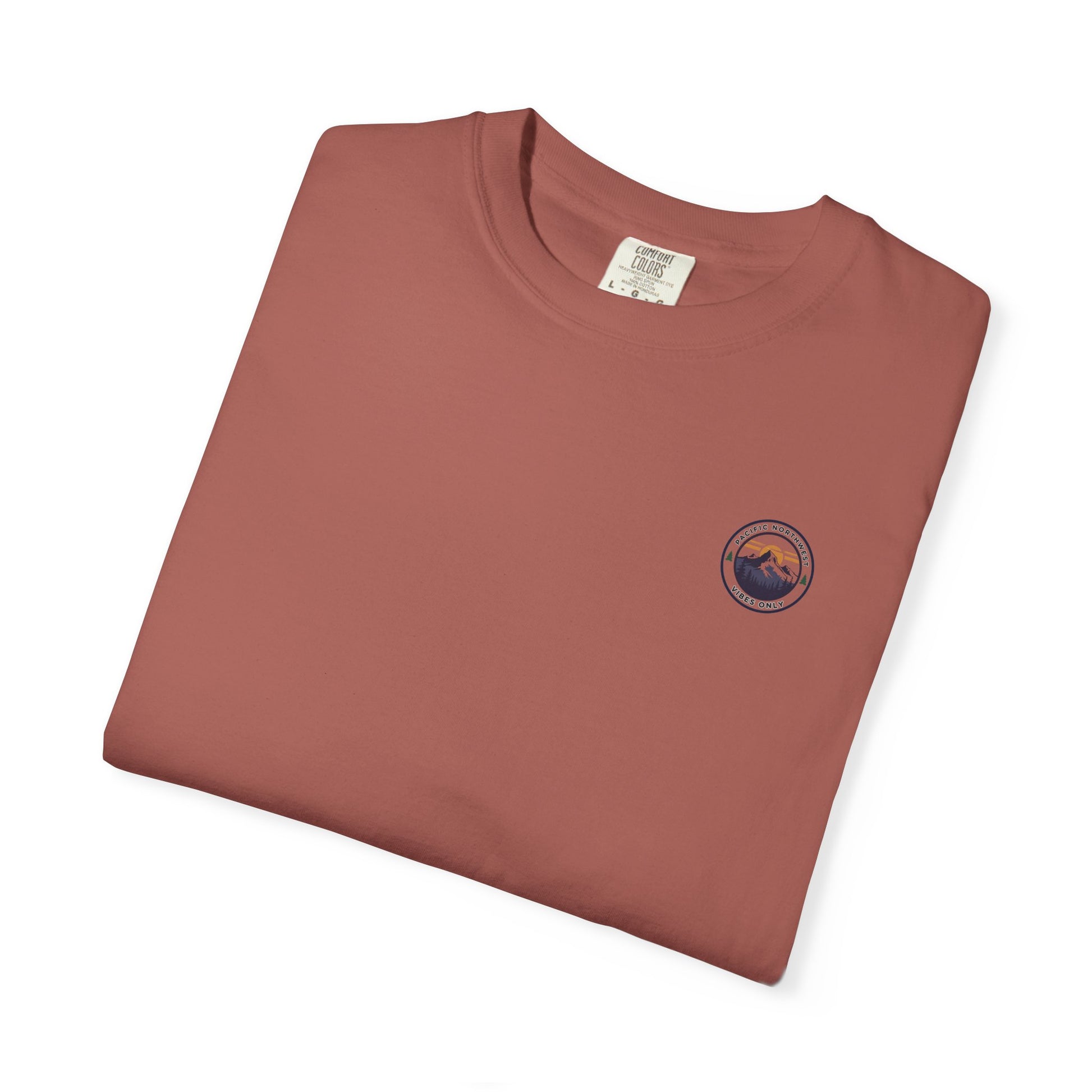 PNW Vibes Only Tee – Circle Badge Mountain Sunset Shirt