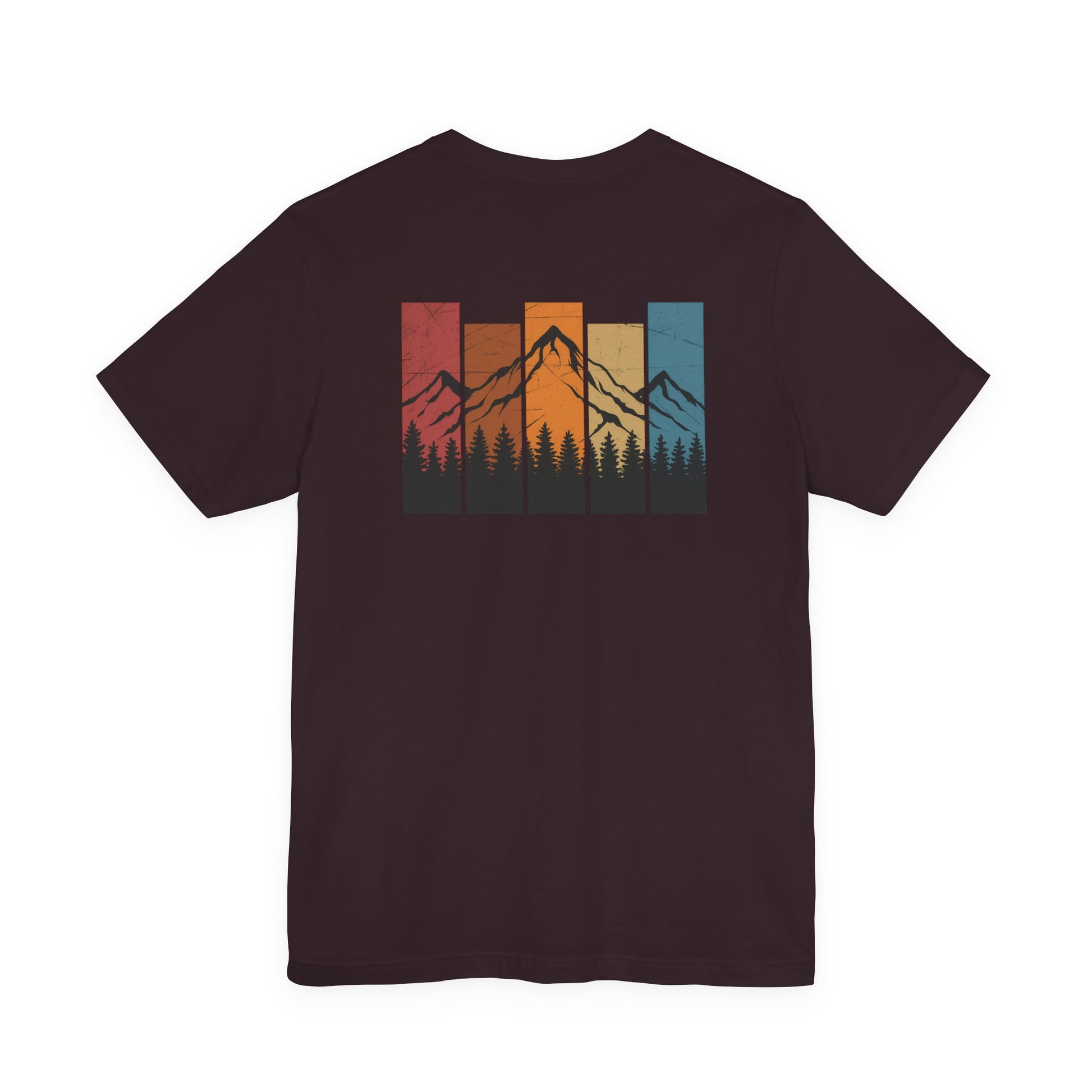 Stacked Sunrise Peaks Tee – Multicolor Mountain Stripe Shirt