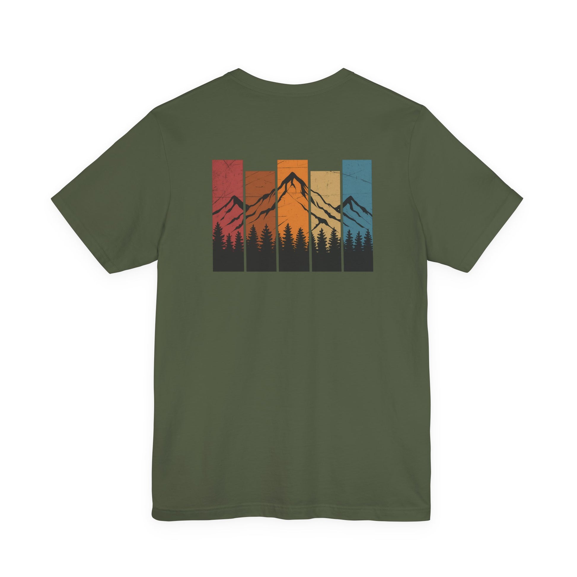 Stacked Sunrise Peaks Tee – Multicolor Mountain Stripe Shirt