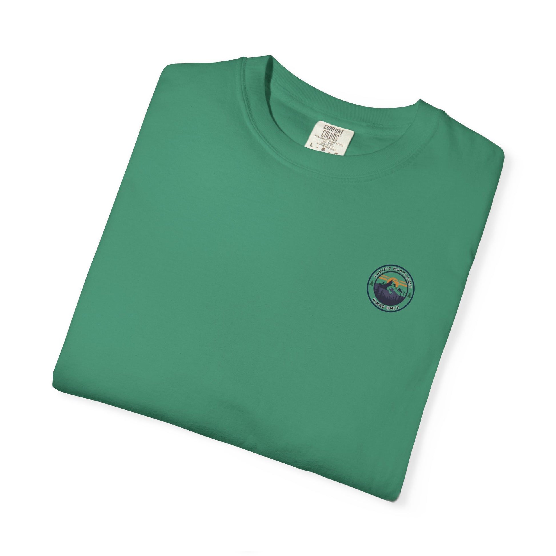 PNW Vibes Only Tee – Circle Badge Mountain Sunset Shirt