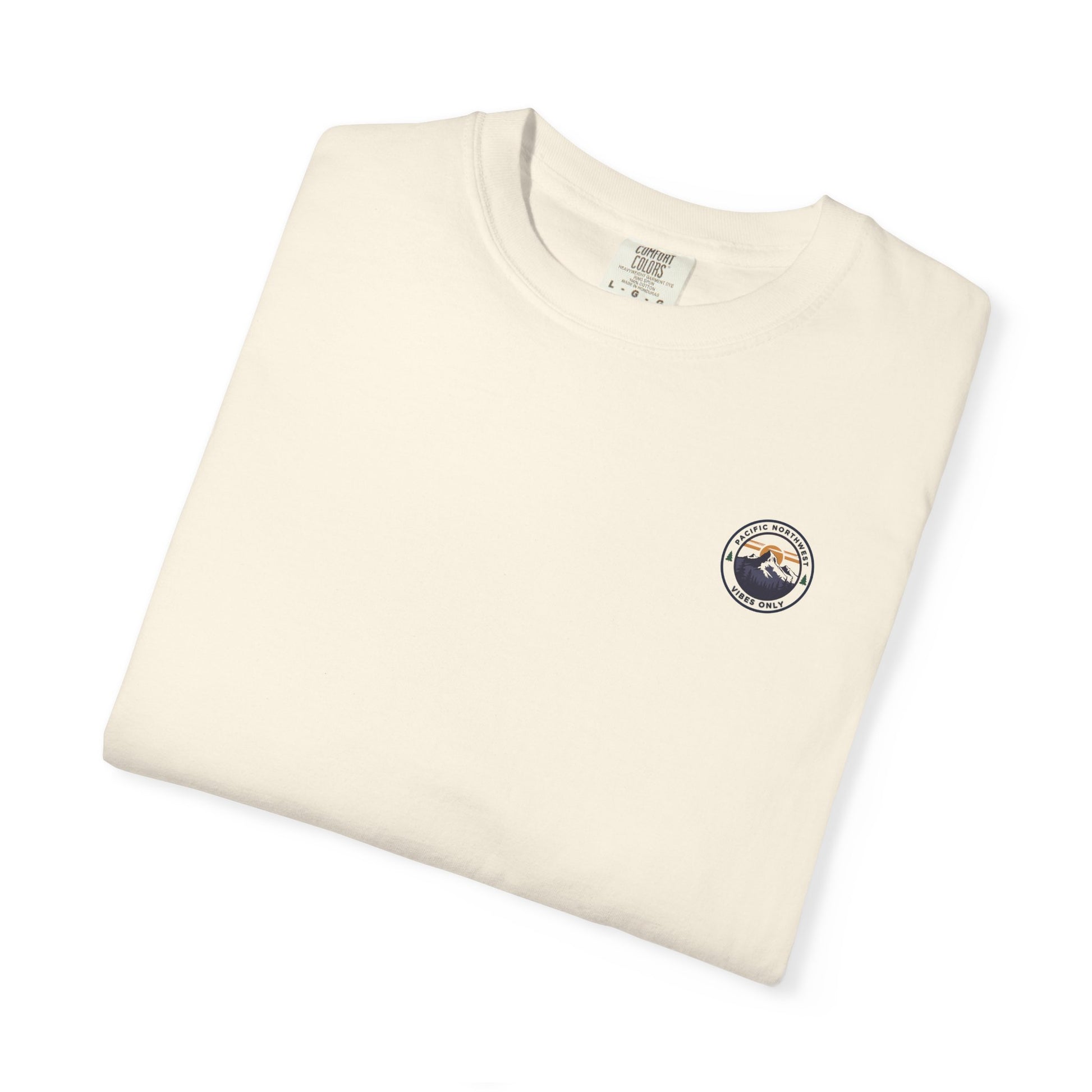 PNW Vibes Only Tee – Circle Badge Mountain Sunset Shirt