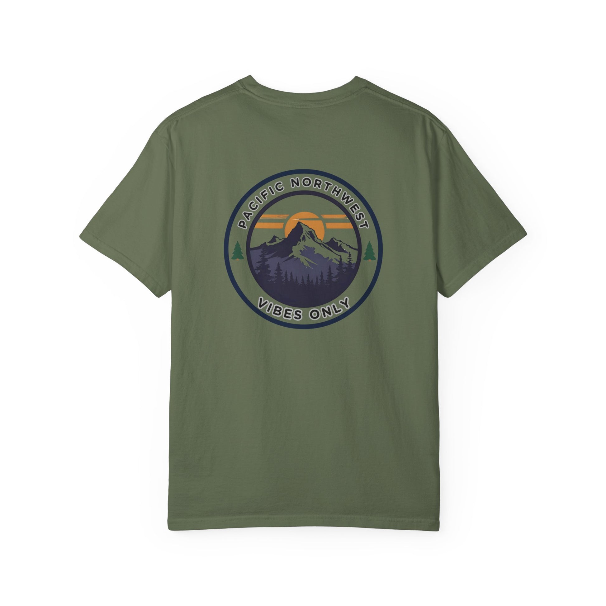 PNW Vibes Only Tee – Circle Badge Mountain Sunset Shirt