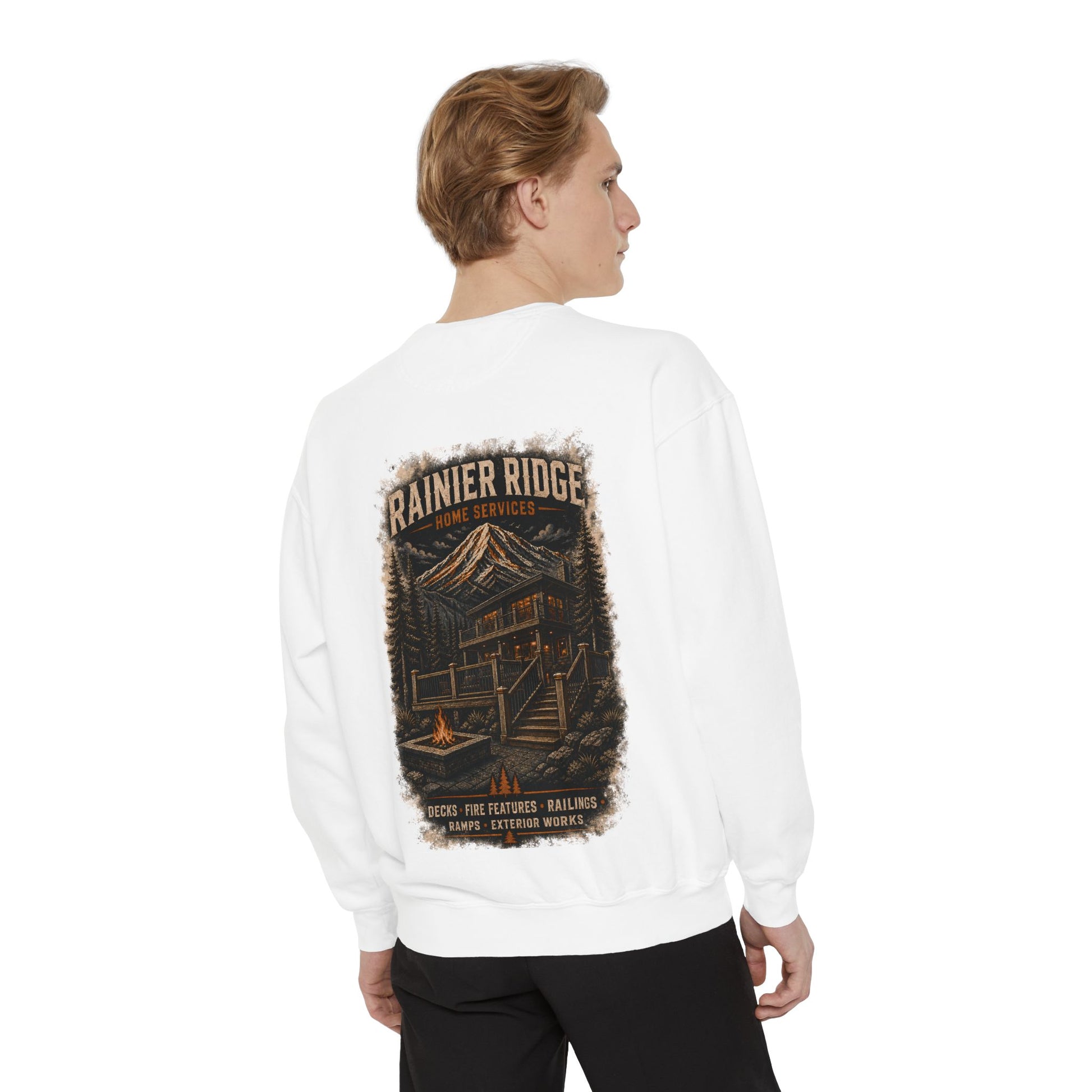Rainier Ridge Cabin Sweatshirt — Mountain Lodge Campfire Crewneck