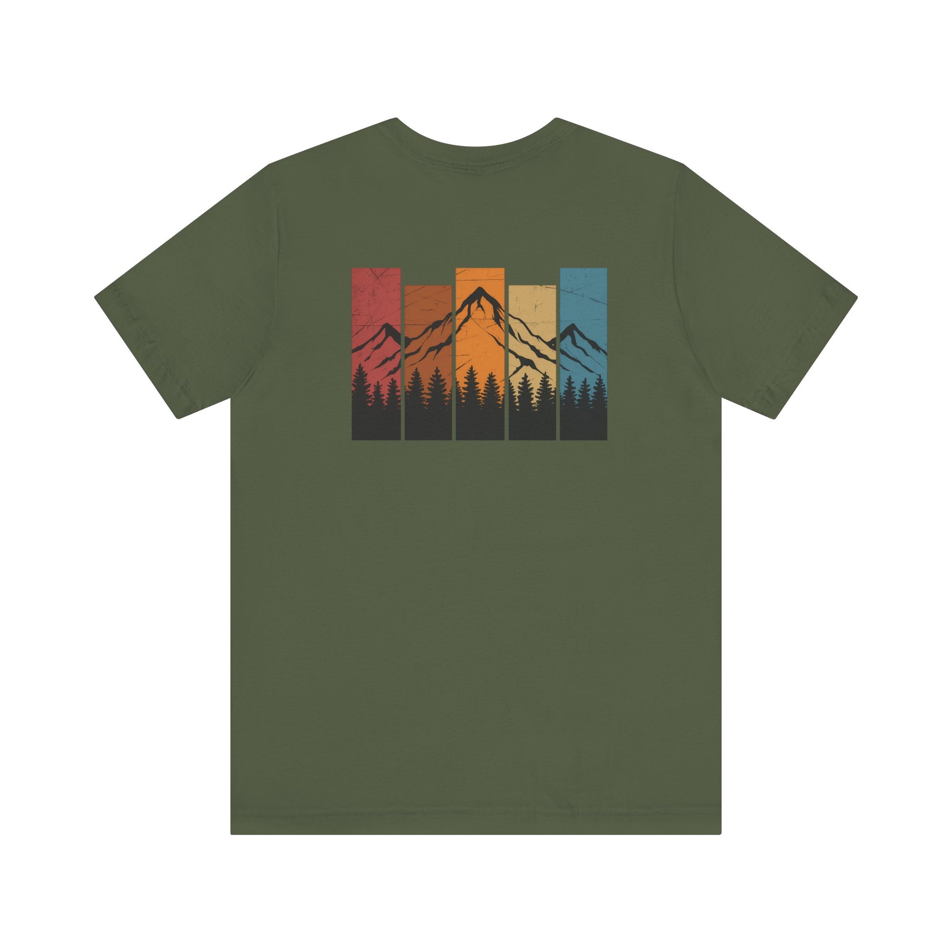 Stacked Sunrise Peaks Tee – Multicolor Mountain Stripe Shirt
