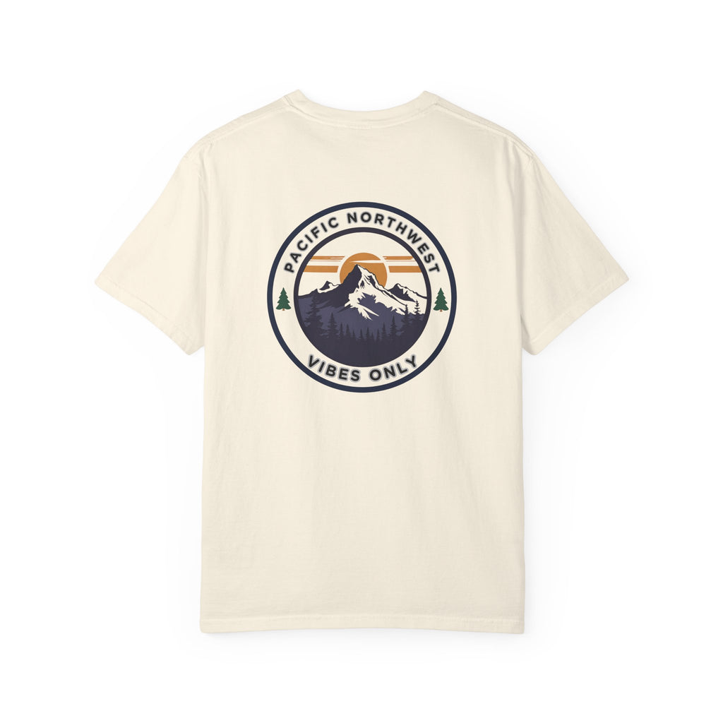 PNW Vibes Only Tee – Circle Badge Mountain Sunset Shirt