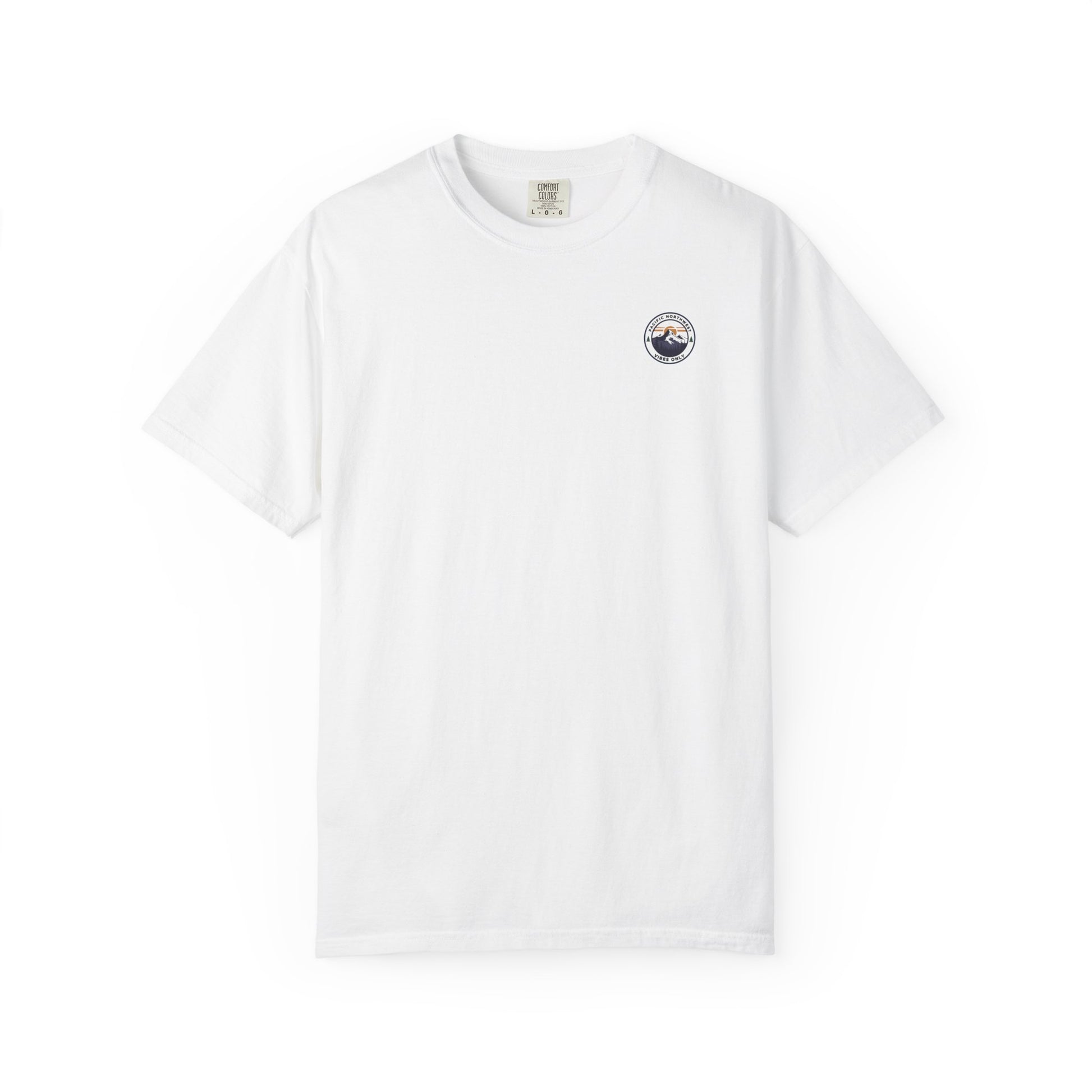 PNW Vibes Only Tee – Circle Badge Mountain Sunset Shirt